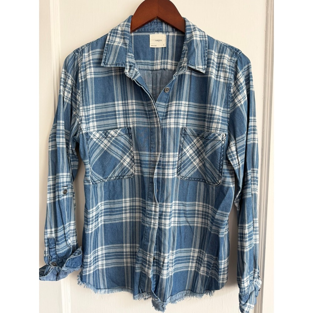 Harper Women L Blue Plaid Button Up Blouse Fringe Hem Roll Tab Long Sleeve